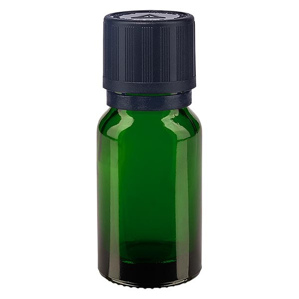 Groenen glazen flessen 10ml met zwart druppelsluiting 1mm kinderslot Bliw. VR