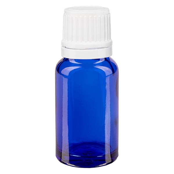 Blauwe glazen flessen 10ml met wit 1.2mm druppelstop OV