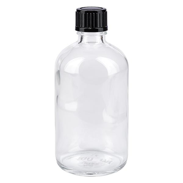 Helder glazen flessen 100ml met zwart druppelsluiting 1mm St