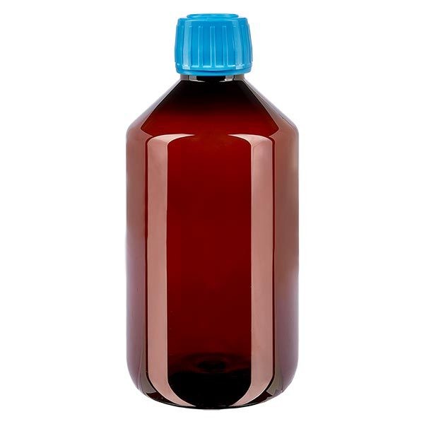 PET medicijnfles 500ml bruin (PET medicijnfles) PP28, met blauwe OV