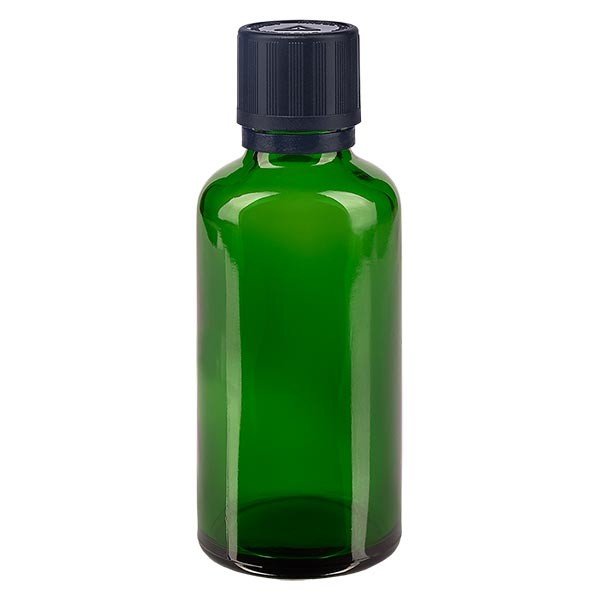 Groenen glazen flessen 50ml met zwart druppelsluiting 1mm kinderslot Bilw. VR