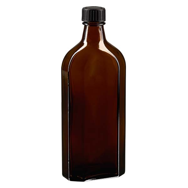 250 ml bruine meplatfles met DIN 22 monding, inclusief schroefsluiting DIN 22 zwart van EPE